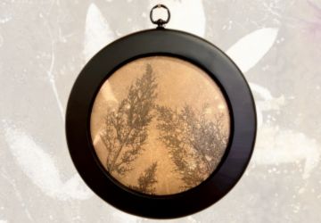 Round black frame with an image of a plant print inside