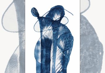 an abstract print in blue, on white paper, that resembles a curvy woman dancing